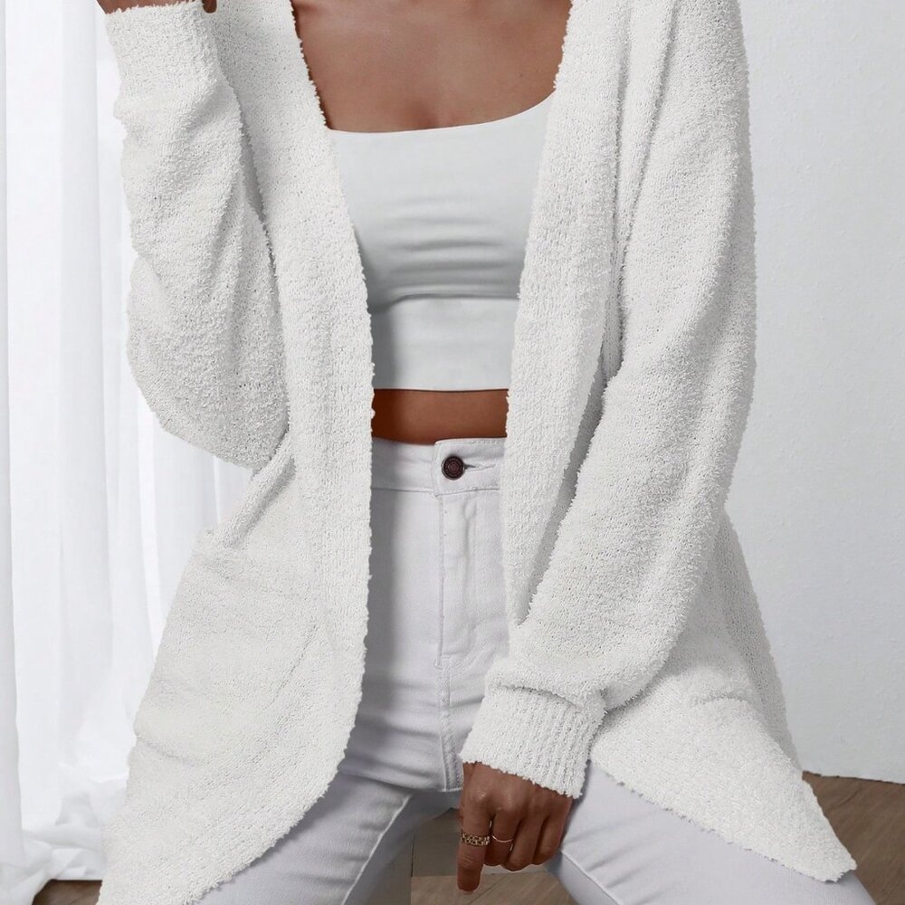 White Casual Women's Plain Long Sleeve Minimalist Cardigan Top
